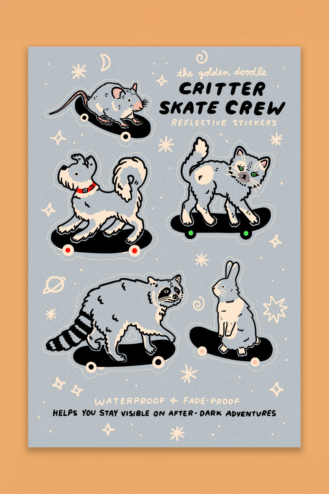 Reflective stickers featuring cute animals on skateboards