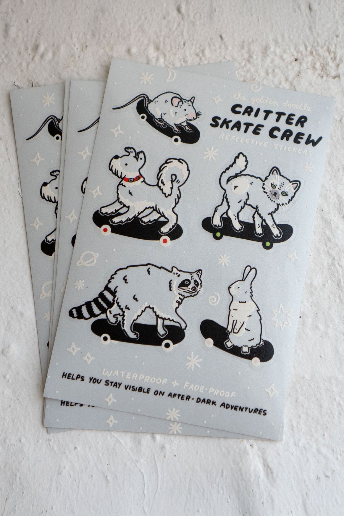 Reflective stickers featuring cute animals on skateboards