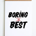 black and red text on white background boring is best in sign painter font 