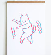 line drawing in pink and blue of dog on hind legs and smiley face with wiggle lines on both sides 