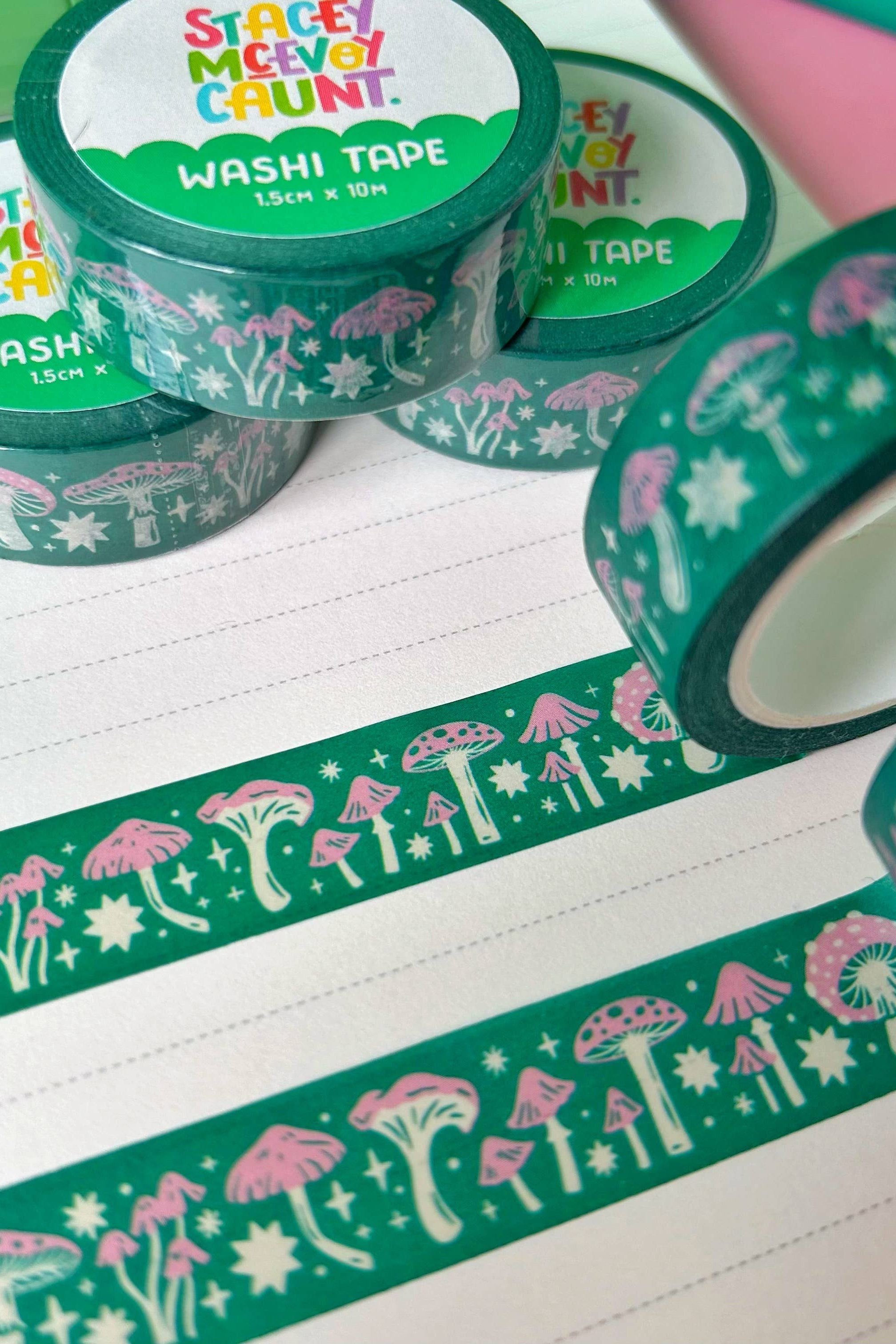 Washi tape with mushroom design on a notebook page