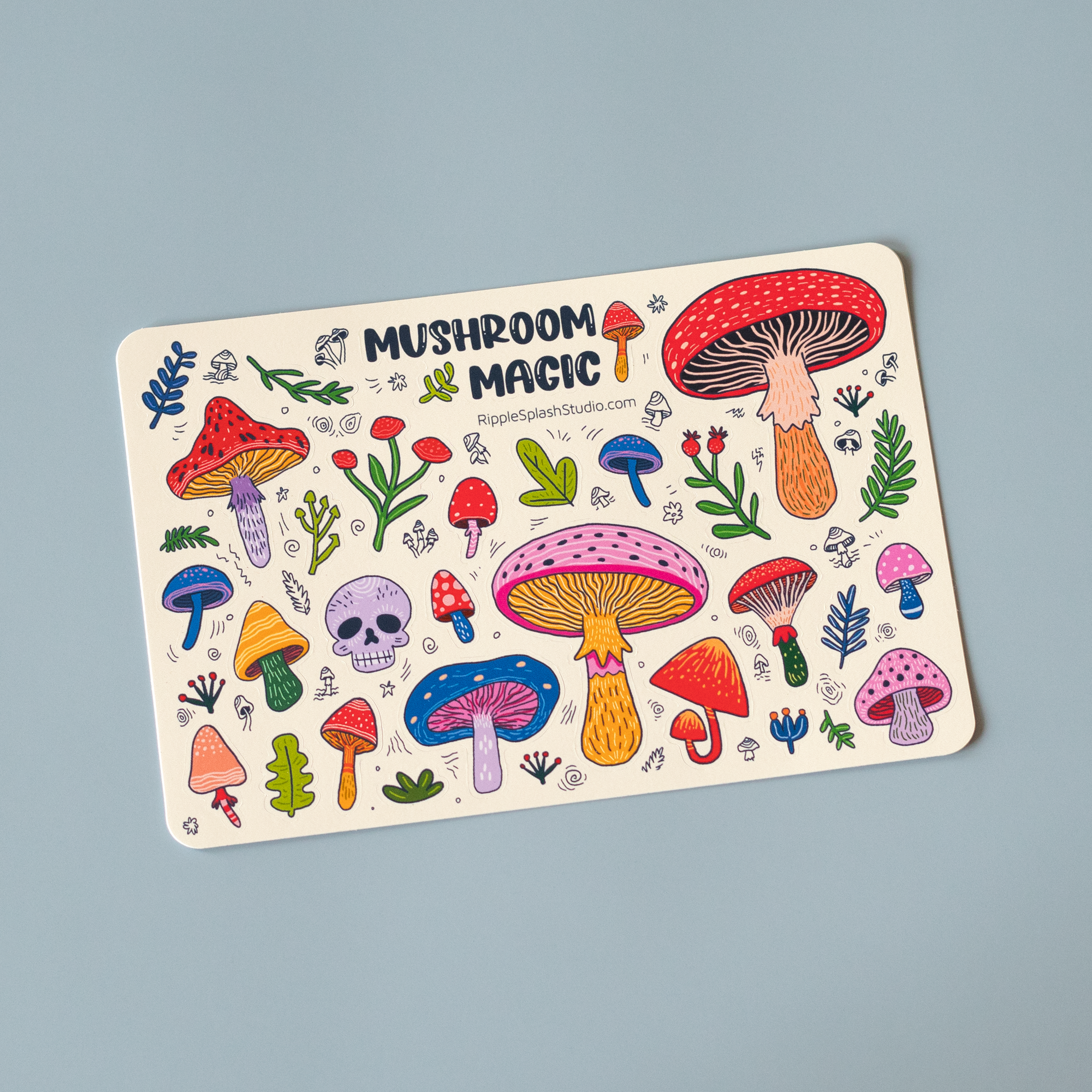 Colorful mushroom illustrations on a sticker sheet with 'Mushroom Magic' text.