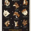 Sticker sheet featuring various dog breeds with funny captions