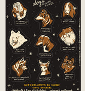 Sticker sheet featuring various dog breeds with funny captions