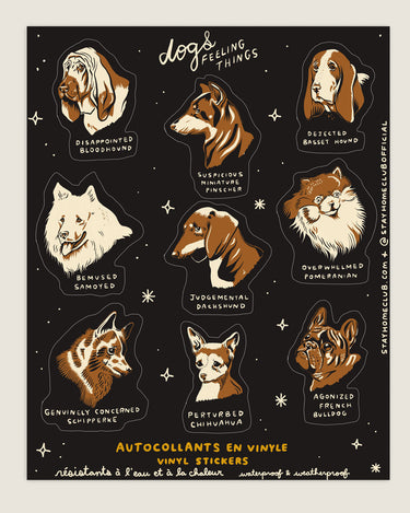 Sticker sheet featuring various dog breeds with funny captions