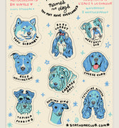 Sticker sheet featuring dogs with funny food related names