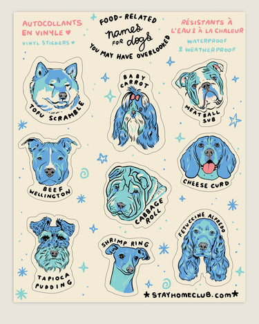 Sticker sheet featuring dogs with funny food related names