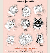 Sticker sheet featuring cats with funny names