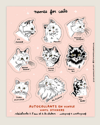 Sticker sheet featuring cats with funny names