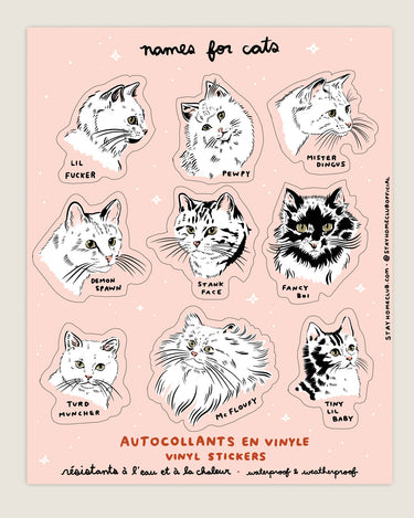 Sticker sheet featuring cats with funny names