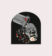 Sticker featuring a raccoon rummaging through trash with the word "scrappy"