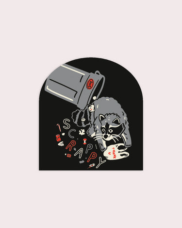 Sticker featuring a raccoon rummaging through trash with the word "scrappy"