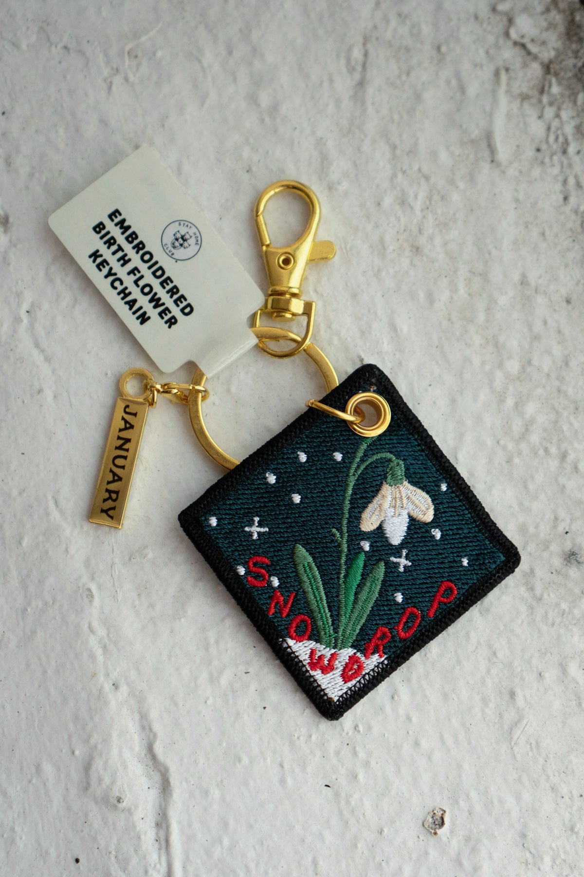 'Snowdrop' - Porte-Clés Brodé avec fleur de naissance de janvier