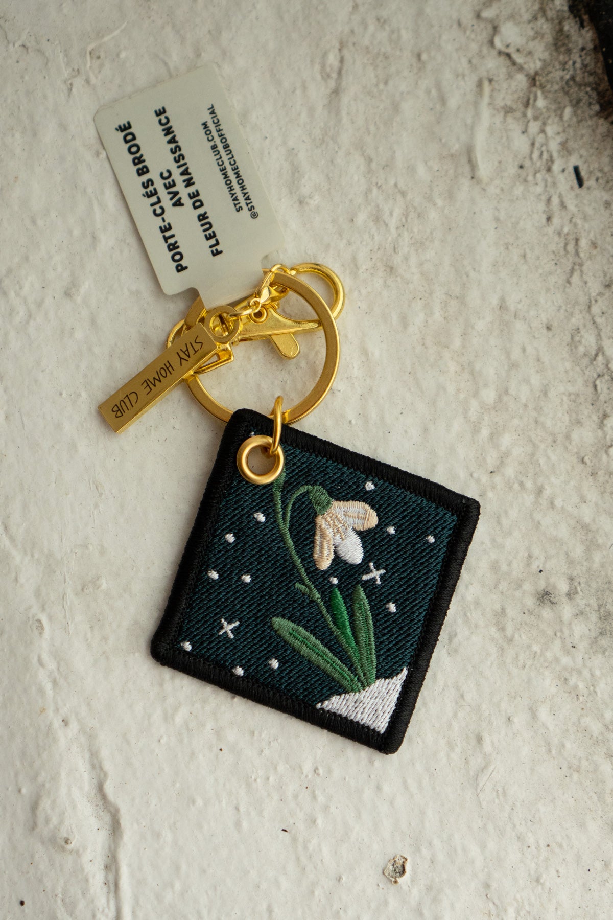'Snowdrop' - Porte-Clés Brodé avec fleur de naissance de janvier