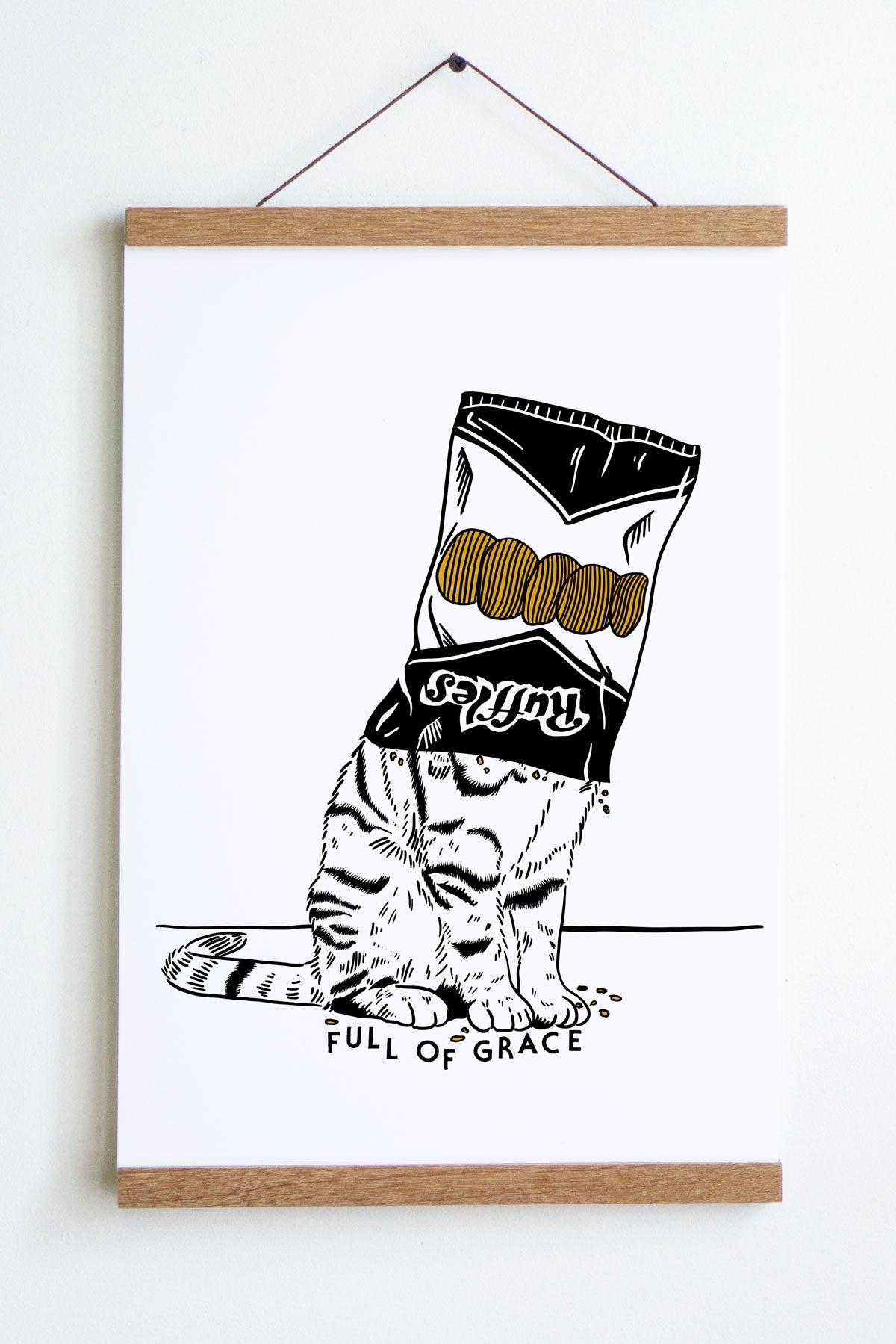 black line drawing of sitting cat with black and white chip bag with text ruffles and yellow chips over its head 