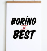 black and red text on white background boring is best in sign painter font 