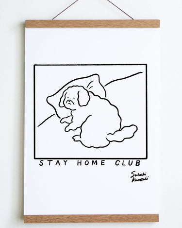 black outline in square of dog laying on pillow with text underneath that reads stay home club and satoshi  kurosaki