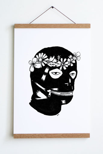 black and white drawing of head with leather  covering with zipper mouth and flower crown 