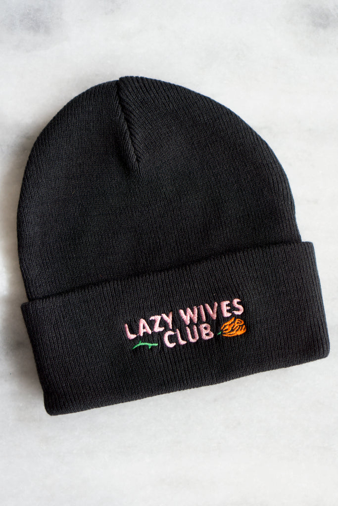 black beanie winter hat with rose and lazy wives club text