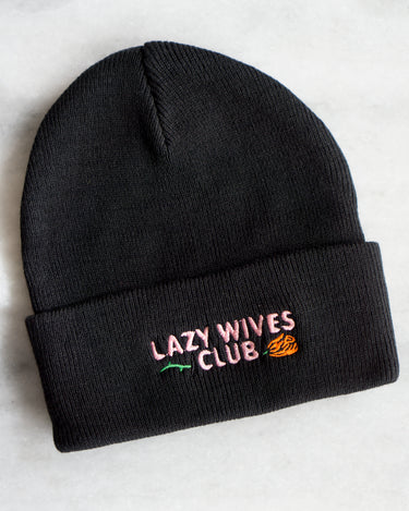 black beanie winter hat with rose and lazy wives club text