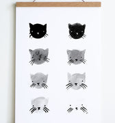 wooden hanger holding white paper with 8 cats in black to white gradiant 