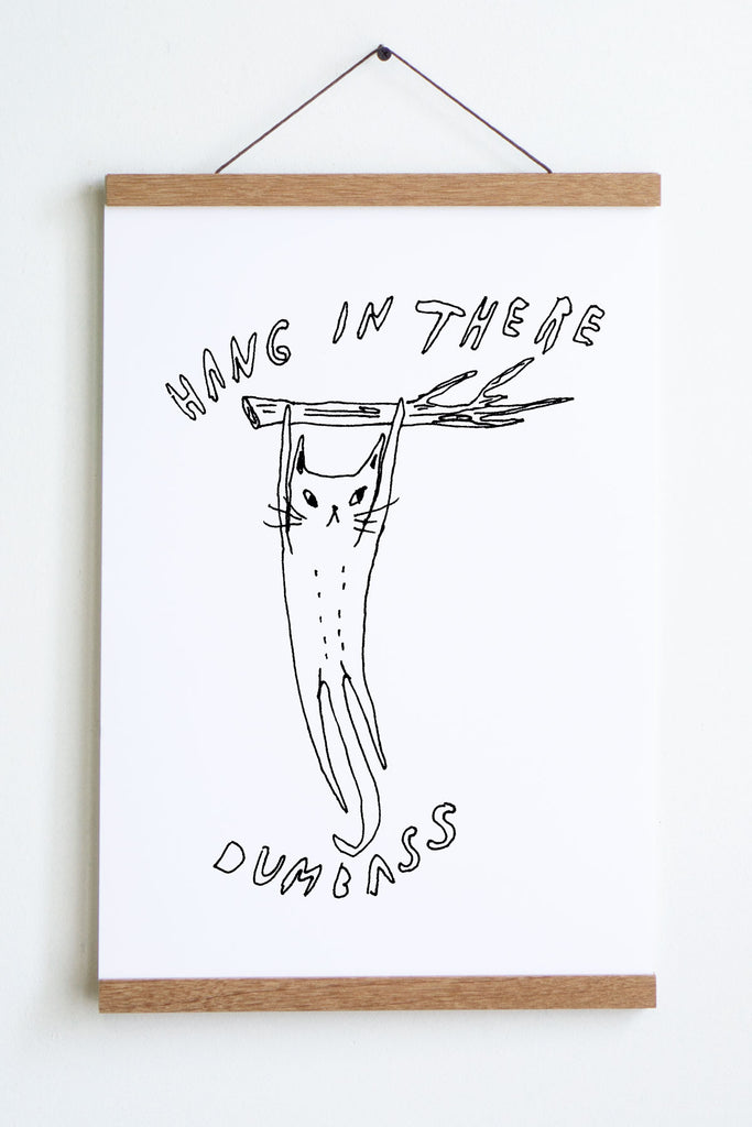 white background with loose line drawing in black of cat hanging from tree branch with text hang in there dumbass above and below image 