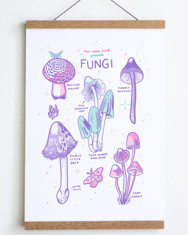 drawing in light purple pink and blue of mushrooms with text that reads stay home club presents  fungi at top and small text rotting mound flouncy fuckface fart family etc